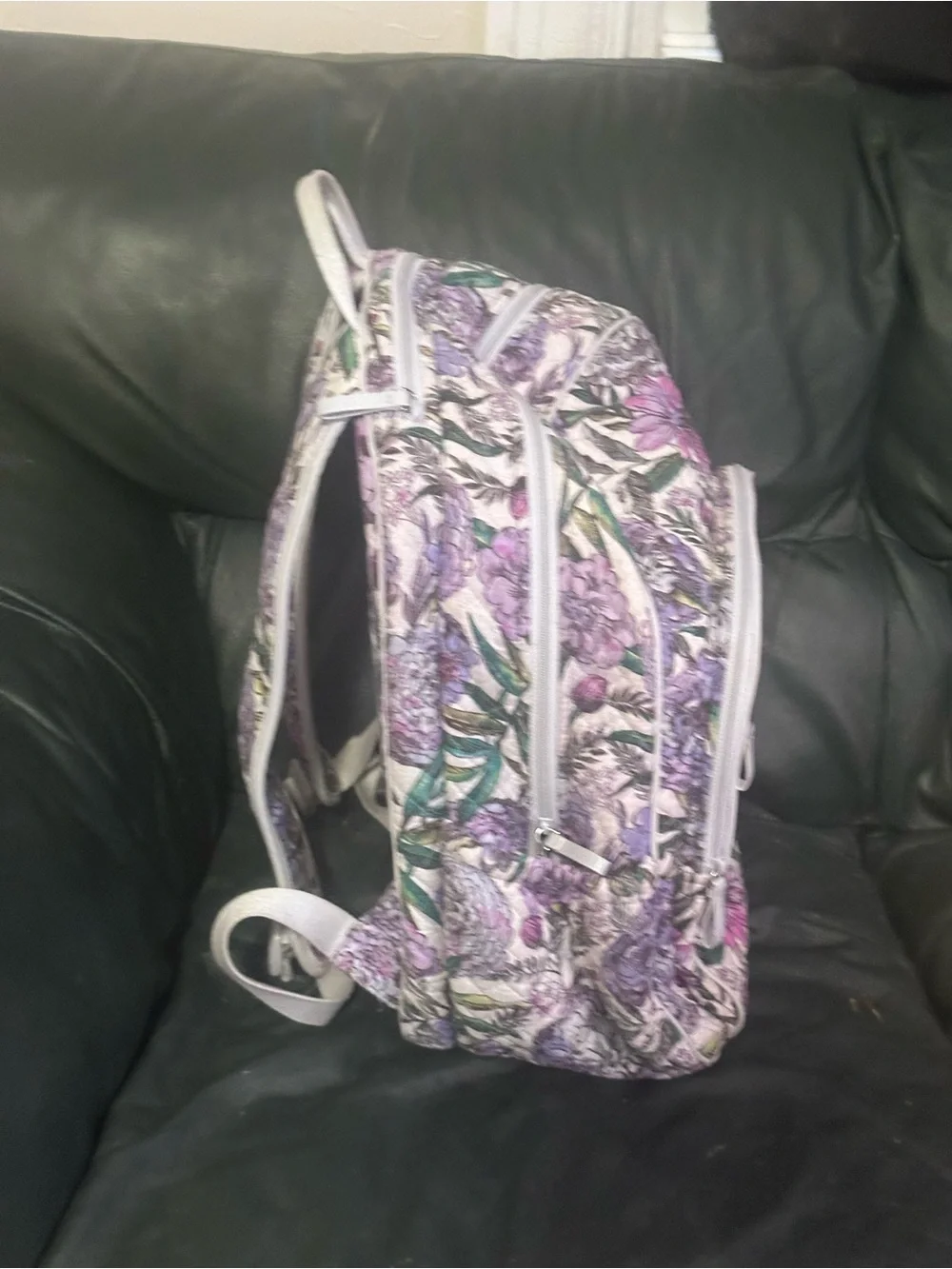 Vera Bradley Floral Quilted Backpack Laptop Travel Bag Purple Pink with light gr